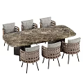 Contemporary Dining Set With Marble Tabletop Sturdy Metal Base And Six Woven Chairs