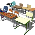 Classroom Student Desks with Chairs and Stationery Globe Pencils Notebooks