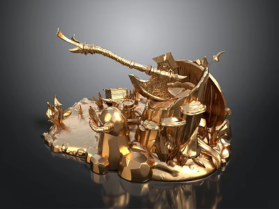 Golden Fantasy Weapons And Decorative Elements With Axe Shield Barrels And Flames 3d model