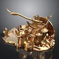 Golden Fantasy Weapons And Decorative Elements With Axe Shield Barrels And Flames