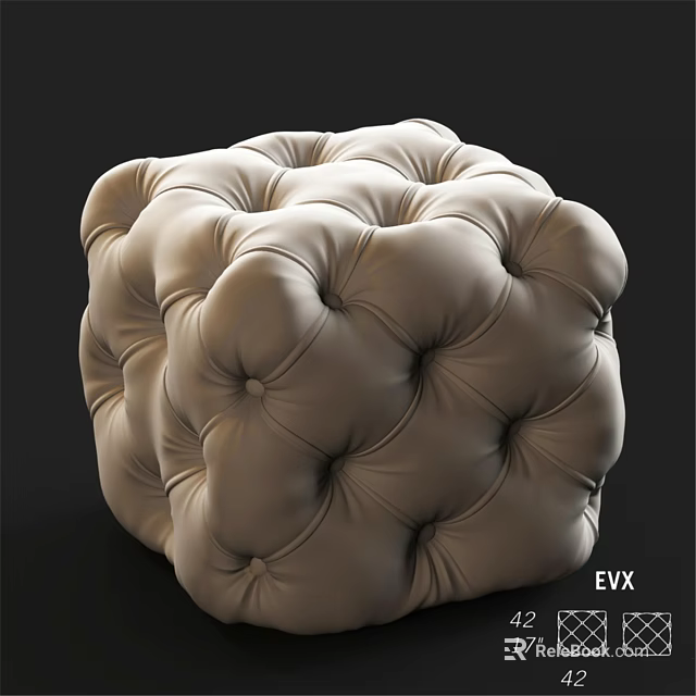 Beige Tufted Cube Shaped Ottoman With Button Detail For Living Space 3d model 