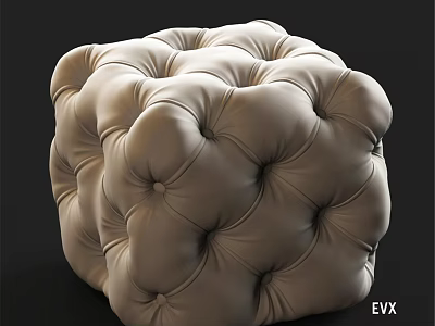 Beige Tufted Cube Shaped Ottoman With Button Detail For Living Space 3d model