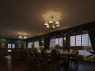 Traditional Dining Room Featuring Long Table Chairs Chandeliers Flower Vases And Lattice Windows 3d model