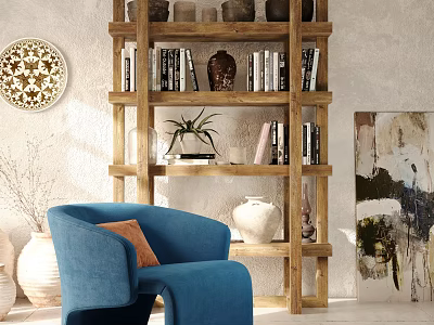Stylish Blue Upholstered Single Sofa With Wooden Bookshelf Books Vase Potted Plant And Wall Art 3d model