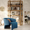 Stylish Blue Upholstered Single Sofa With Wooden Bookshelf Books Vase Potted Plant And Wall Art