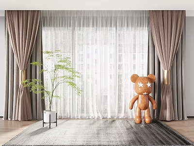 Brown Thick Curtains With White Sheer Panels In Room With Teddy Bear And Green Plant 3d model