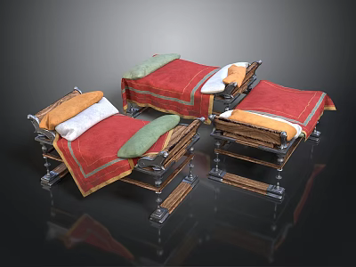 Vintage Metal Bed Frames Set Of Three With Red Sheets Green And Orange Pillows 3d model
