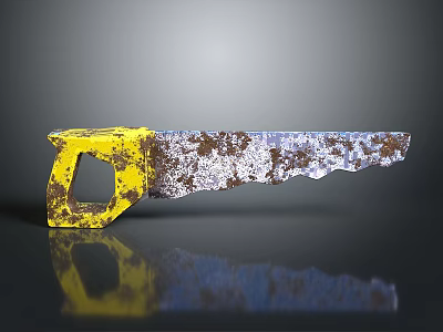 Old Rusty Saw With Yellow Handle On Black Surface And Reflection 3d model