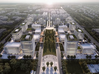 Aerial View Urban Planning With High Rise Buildings Central Green Spaces And Road Layout 3d model