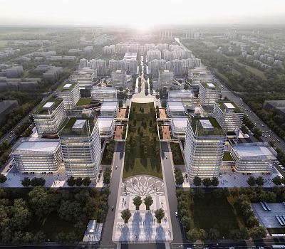 Aerial View Urban Planning With High Rise Buildings Central Green Spaces And Road Layout 3d model