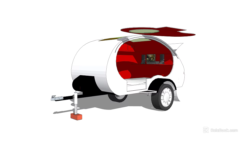 White and Red Car Trailer Featuring Round Top Structure Window Wheels and Hitch 3d model