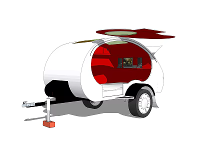 White and Red Car Trailer Featuring Round Top Structure Window Wheels and Hitch 3d model