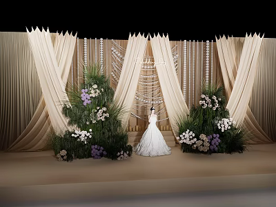Wedding Decorative Ornament Set with Beige Curtains and Flowers Decorations on Stage 3d model