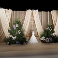 Wedding Decorative Ornament Set with Beige Curtains and Flowers Decorations on Stage