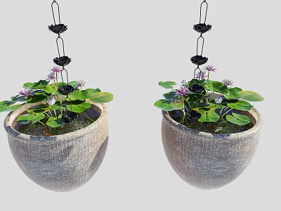 Round Hanging Stone Textured Planters With Green Leaves And Purple Flowers 3d model