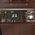 Traditional Chinese Wooden Console Side Cabinet With Tea Sets Books Decorations Hanging Scroll And Lamp