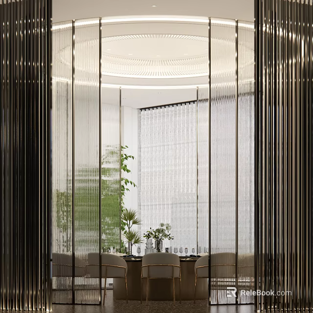 Modern Private Box Interior With Striped Glass Partitions Green Plants And Dining Chairs 3d model 