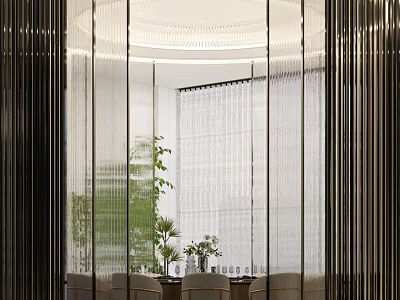 Modern Private Box Interior With Striped Glass Partitions Green Plants And Dining Chairs 3d model