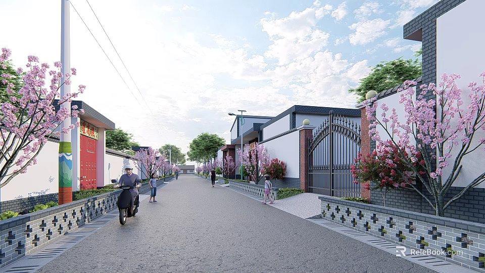 Residential Area Road Facilities With Trees Flowers Street Lamps And Buildings 3d model 