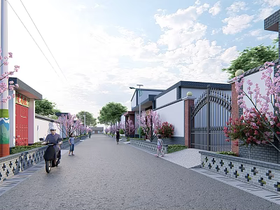 Residential Area Road Facilities With Trees Flowers Street Lamps And Buildings 3d model