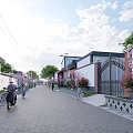 Residential Area Road Facilities With Trees Flowers Street Lamps And Buildings