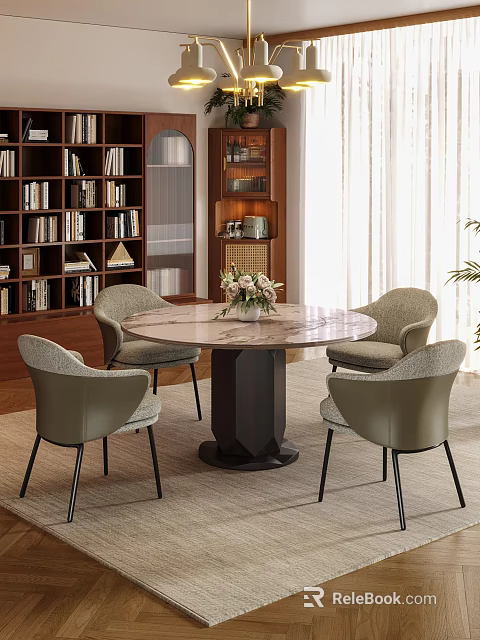 Elegant Modern Dining Table Set With Round Marble Top And Four Light Green Chairs 3d model