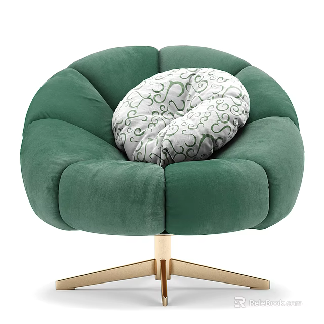 Green Velvet Single Sofa with Petal Design and Green Patterned White Cushion on Golden Base 3d model 