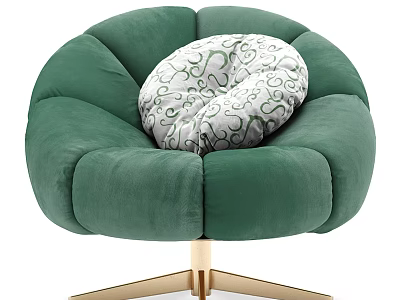 Green Velvet Single Sofa with Petal Design and Green Patterned White Cushion on Golden Base 3d model