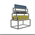 Display Shelf Featuring Neatly Arranged Blue Black And Yellow Bottles On Multiple Layers