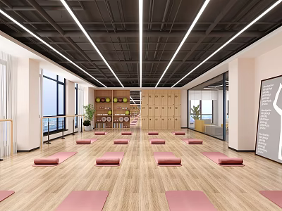 Modern Spacious Yoga Studio With Pink Mats Wooden Lockers And Windows 3d model