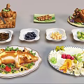 Assorted Food Platter Featuring Roasted Pork Turkey Fresh Fruits And Mixed Vegetables