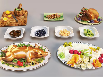 Assorted Food Platter Featuring Roasted Pork Turkey Fresh Fruits And Mixed Vegetables 3d model