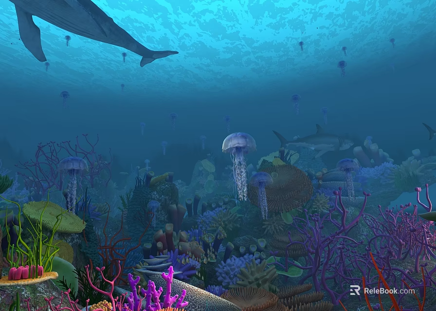Vibrant Underwater Waterfront Landscape With Whale Jellyfish Colorful Coral And Fish Schools 3d model 