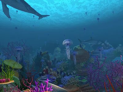 Vibrant Underwater Waterfront Landscape With Whale Jellyfish Colorful Coral And Fish Schools 3d model