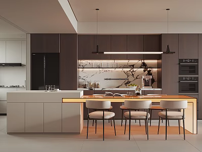 Modern Restaurant Kitchen Interior With Dark Cabinets Marble Backsplash Island Seating And Pendant Lights 3d model