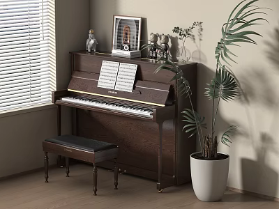 Musical Instruments and Art Supplies Display with Piano Sheet Music Decorations and Green Plant 3d model