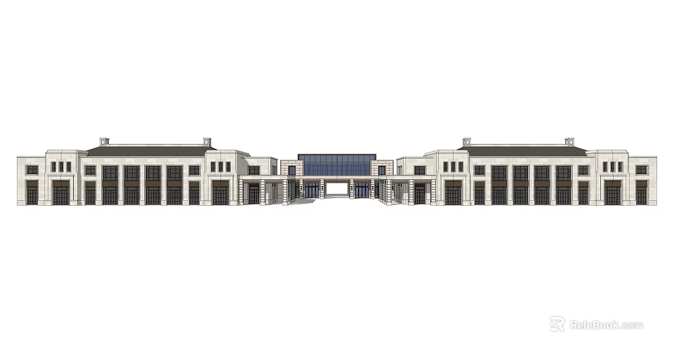 Modern Commercial Complex With Symmetrical Design And Glass Curtain Entrance 3d model 