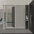 Modern Entryway Hallway Design With Glass Partition Column Potted Plant Statue And Lighting Fixture