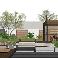 Modern Garden Design With Wooden Pavilion Stone Pathways Sofa Seating Lush Greenery And Stepped Area