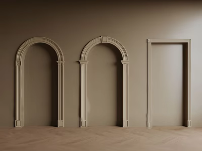 Three Arched And Rectangular Door Frames On Brown Wall With Wooden Floor 3d model