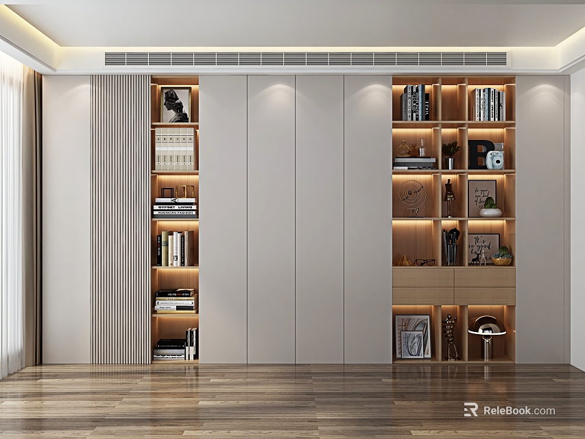 Modern Bookcase Design With Open Closed Storage LED Lighting And Wooden Shelves 3d model 