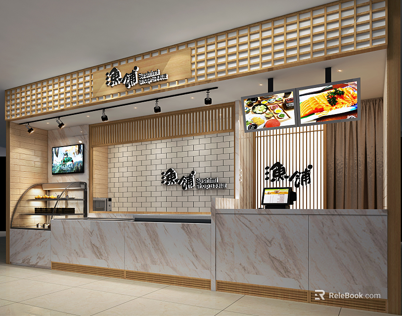 Chinese Restaurant Storefront With Wooden Lattice Digital Screens Displaying Dishes Marble Counter And Warm Lighting 3d model 