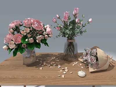 Pink Roses in Glass Vases with Bouquet Petals and Candle on Wooden Table 3d model