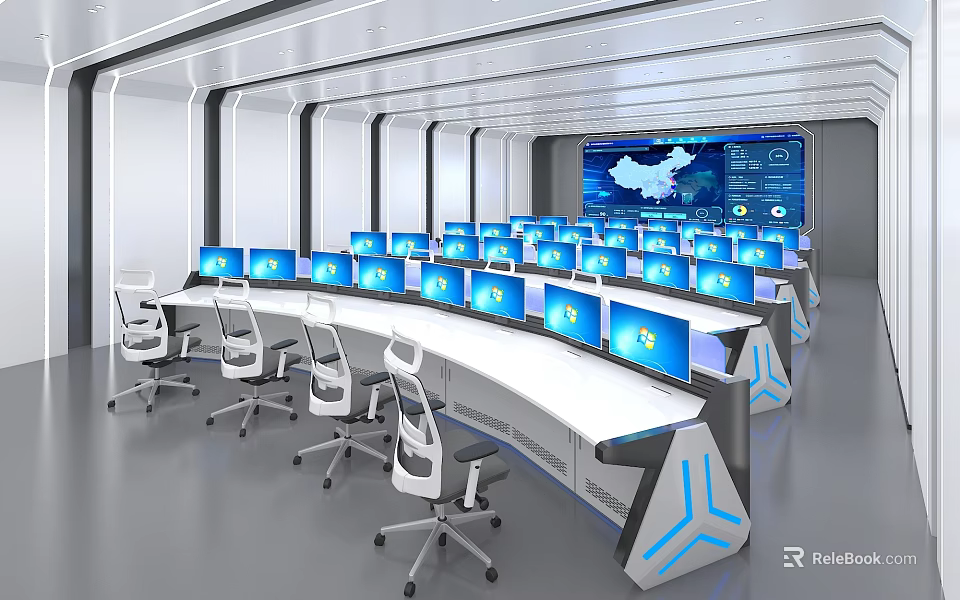 Modern Control Room with Multiple Monitors Console Desks Office Chairs and Large Data Screen 3d model 