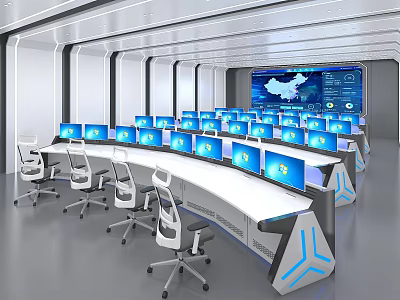 Modern Control Room with Multiple Monitors Console Desks Office Chairs and Large Data Screen 3d model
