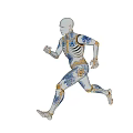 Ceramic Robot Skeleton Figurine Running with Blue Patterns Golden Joints Light Color and White Background