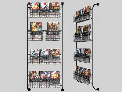 Black Metal Bookcase with Multiple Wire Baskets Holding Comic Books and Magazines on Wheels 3d model