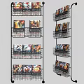 Black Metal Bookcase with Multiple Wire Baskets Holding Comic Books and Magazines on Wheels