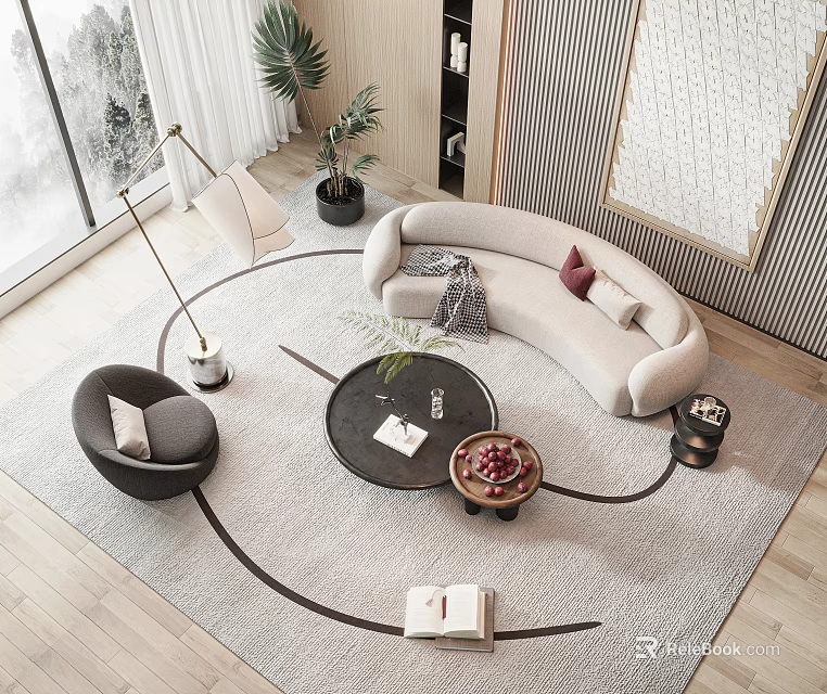 Curved Beige Sofa and Black Coffee Table Set with Armchair Floor Lamp and Plant on Rug 3d model 