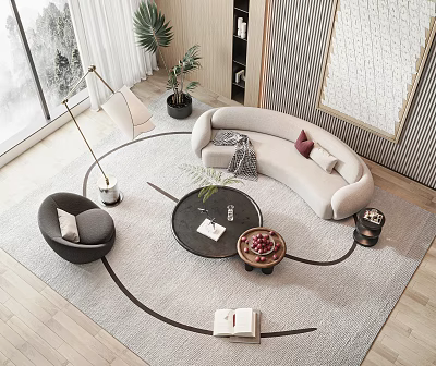 Curved Beige Sofa and Black Coffee Table Set with Armchair Floor Lamp and Plant on Rug 3d model
